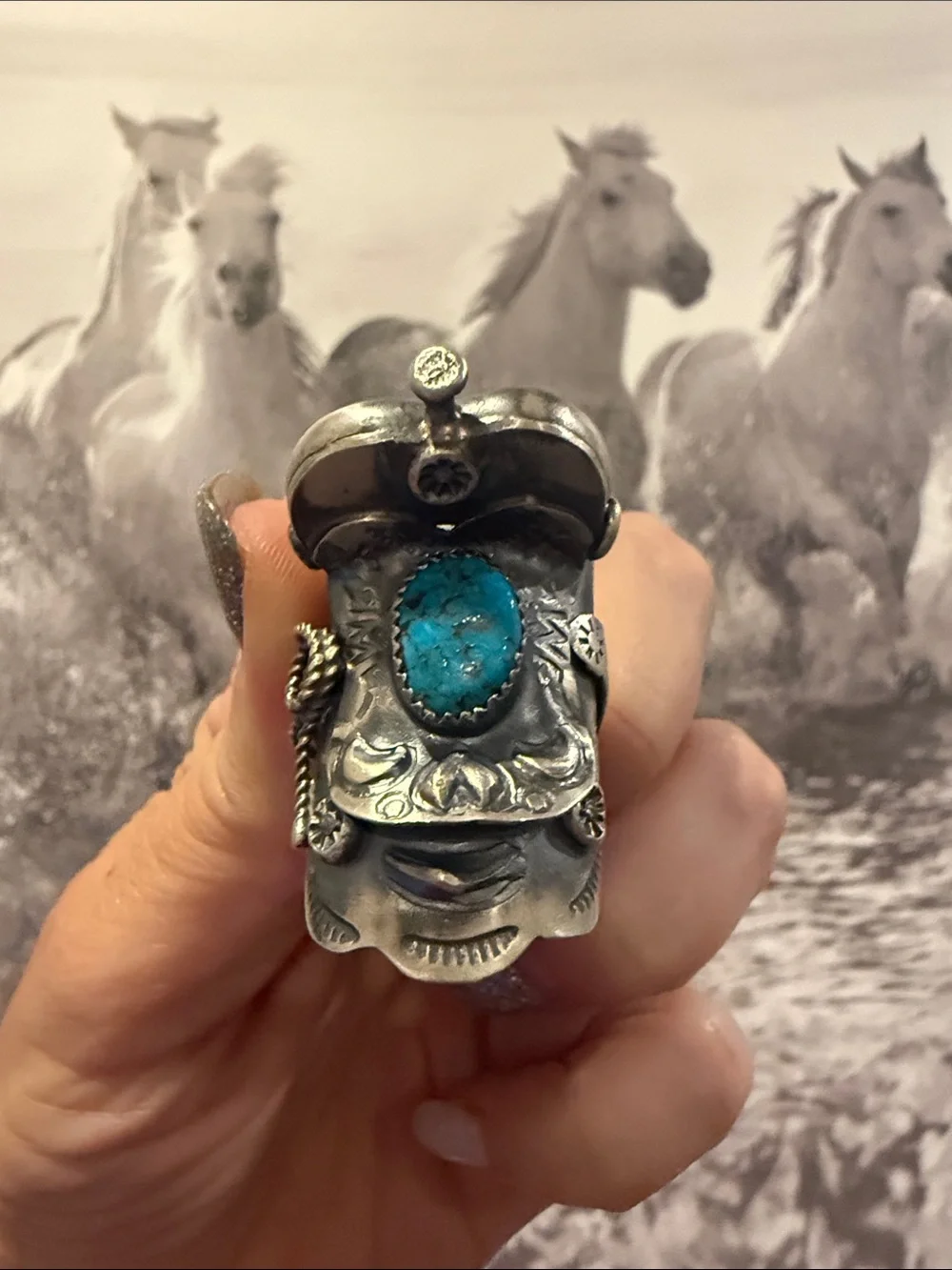 Tim Yazzie Turquoise Sterling Saddle Ring Sz 8 - Picture 7 of 9